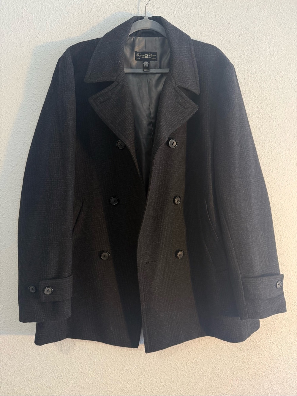 Pronto Uomo Men’s Charcoal wool-blend Double breasted Pea Coat Size L